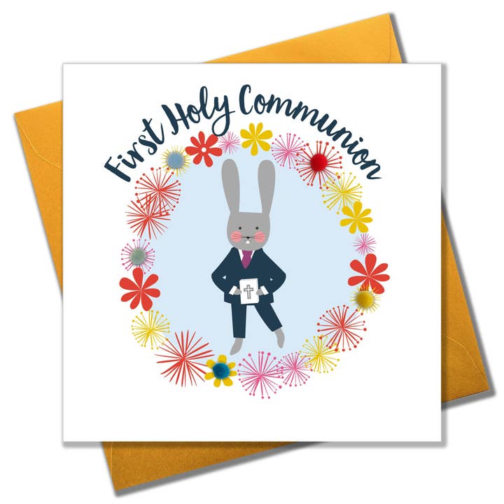 Første hellige kommunion kort, blå blomster, forskønnet med pomponer for engroshandel hos Claire Giles Ltd