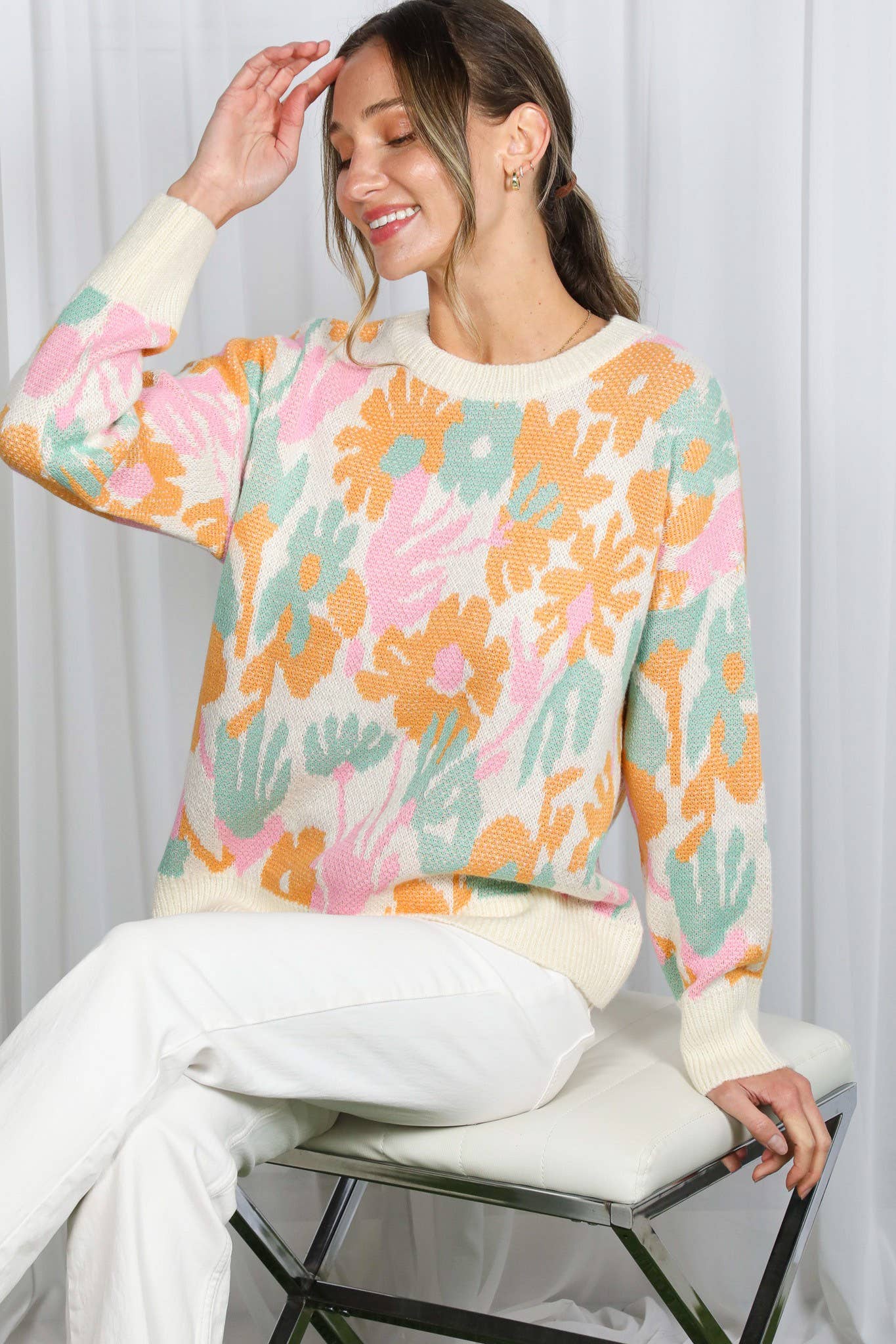 Cream Multi Floral Jacquard Knitted Sweater Top VT82628 for wholesale on Faire8