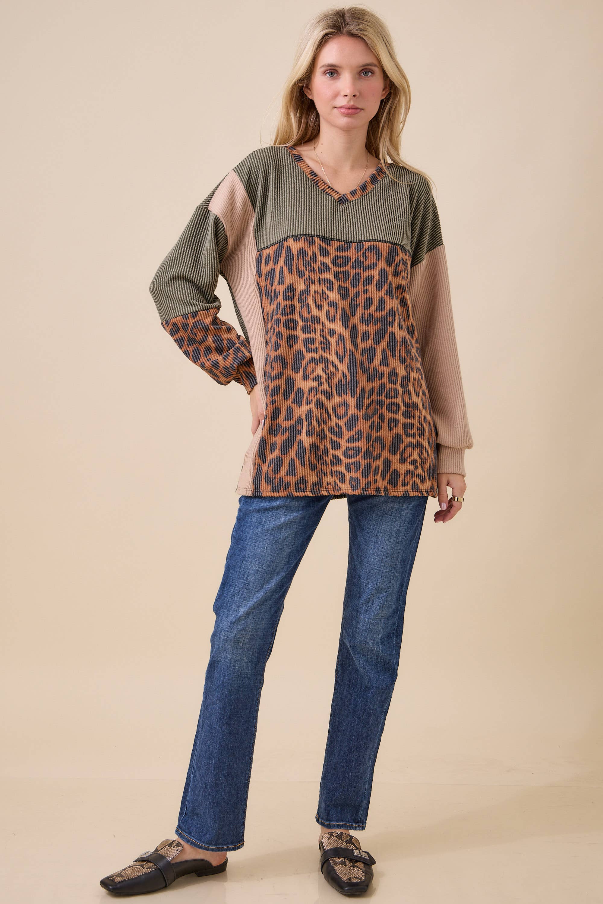 Celeste Clothing - Wholesale Knit Top - Women's - WOMEN'S RIB COLOR BLOCK ANIMAL PRINT LONG SLEEVE TOP7