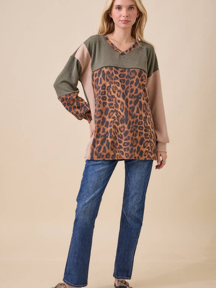 Celeste Clothing - Wholesale Knit Top - Women's - WOMEN'S RIB COLOR BLOCK ANIMAL PRINT LONG SLEEVE TOP7