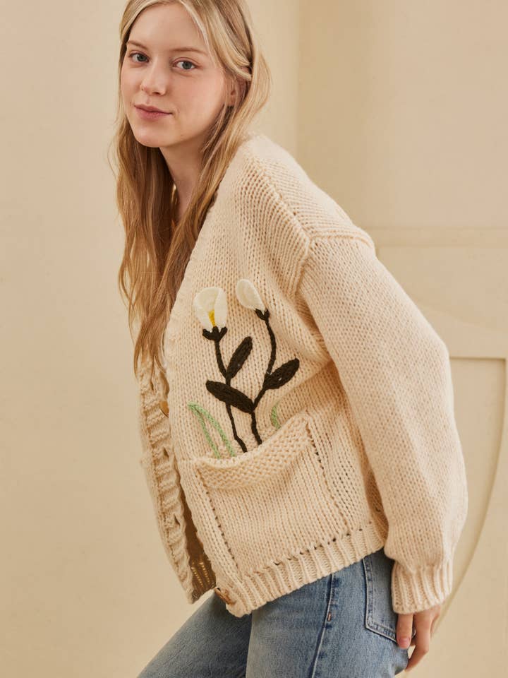 Cream Flower Embroidered Knit Cardigan for wholesale on Faire