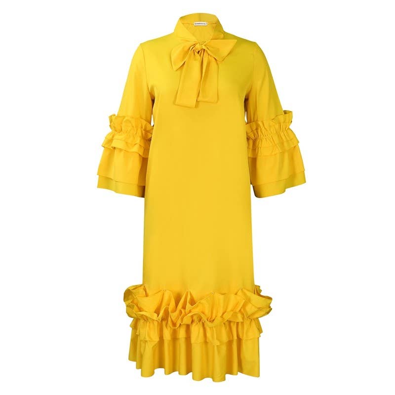 UZ Wholesale Store - Wholesale Dress - Women's - Stylish Ruffle Hem Trumpet Sleeve Dress8