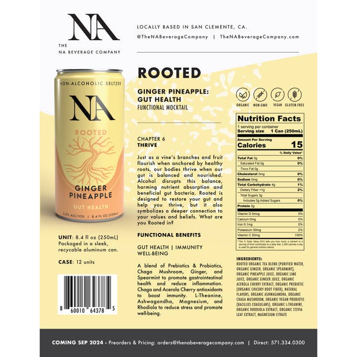 The NA Beverage Company – wholesale Non-alcoholic aperitif/mocktail – Rooted, Ginger Pineapple, Functional Mocktail (12 Pack)