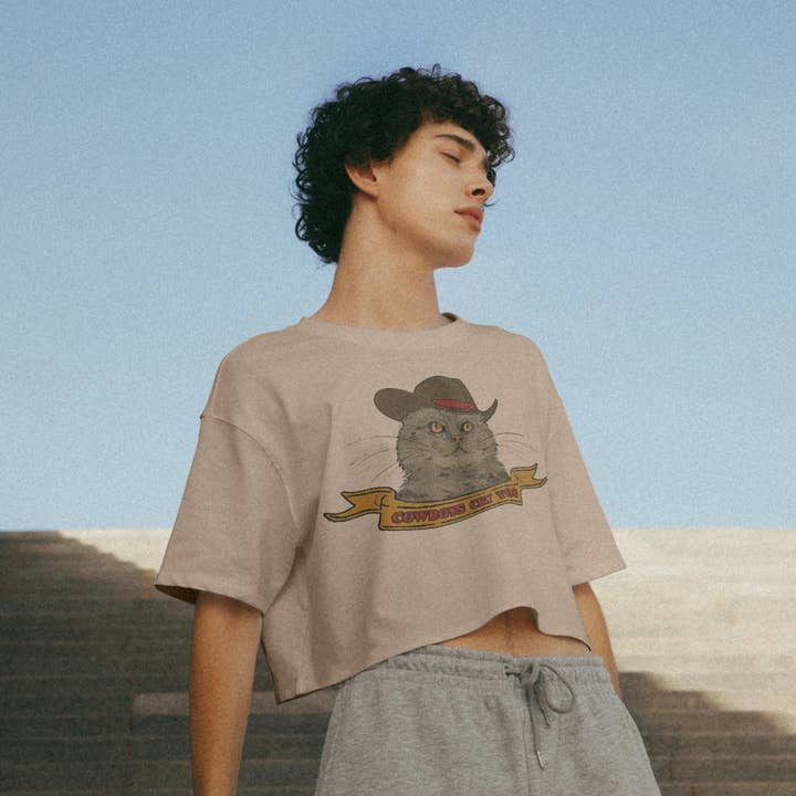 Cowboys Cry Too Kitty Cowboy Crop Top for wholesale by Cluster Funk Studio