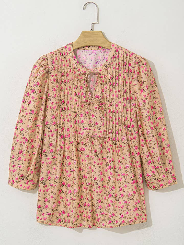 Light French Beige Floral Print Bow Pintuck Bust Half Puff Sleeve Blouse Top for wholesale on Faire3