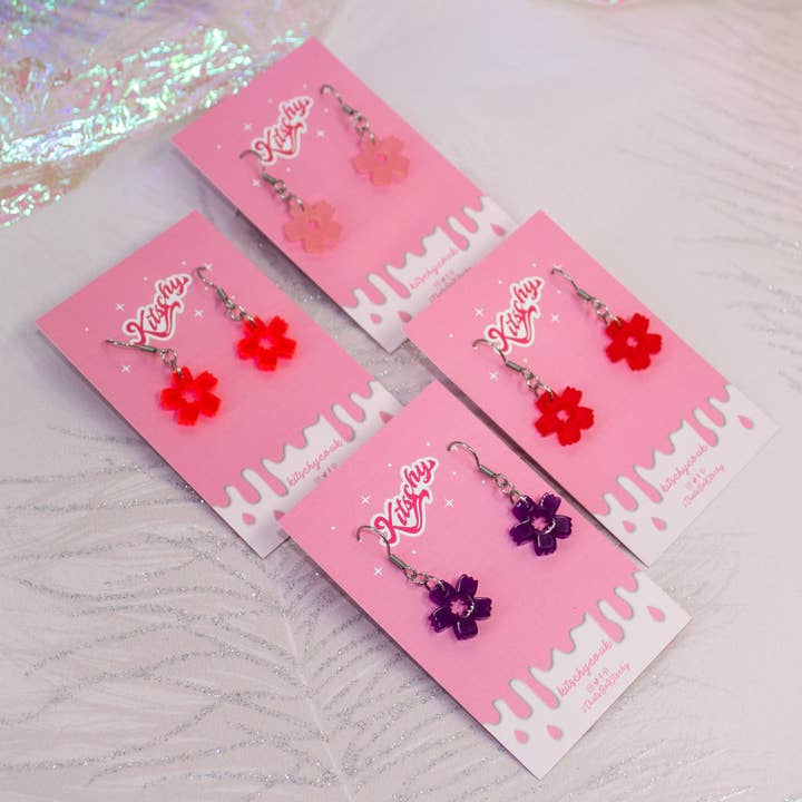 Cherry Blossom Flower Earrings Laser Cut Acrylic for wholesale by Kitschy