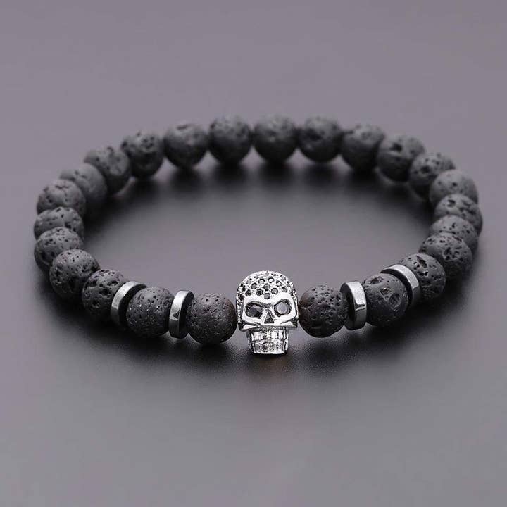 RabenBeads - Wholesale Beaded Bracelet - Handmade Black Eye Skull Lava Stone Bracelet