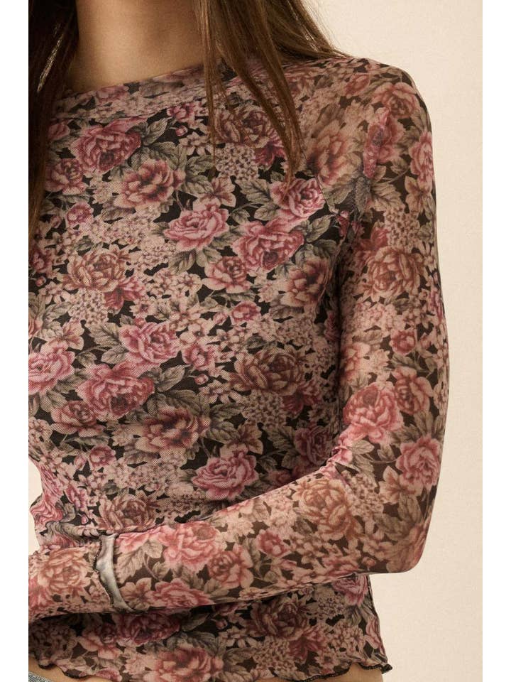 Promesa USA - Wholesale Knit Top - Women's - Floral-Print Mesh Thumbhole Mock-Neck Top13