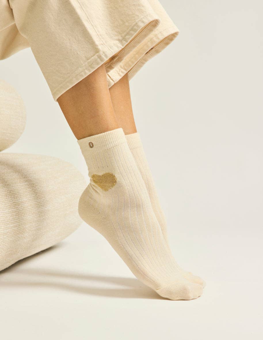 ODAJE - Vente Chaussettes – femme - Pack de 3 Chaussettes - Fantaisie coeur marron doré écru1