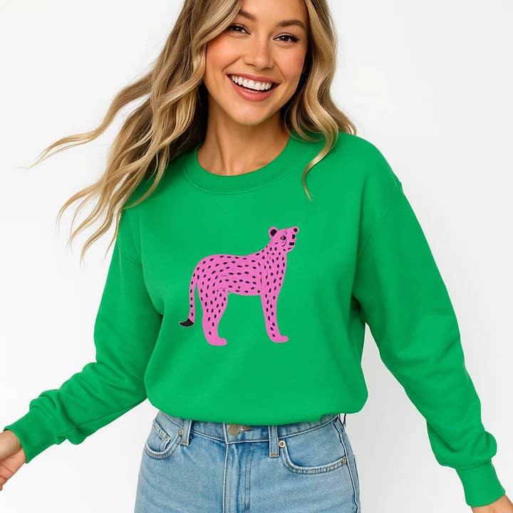 Pink Cheetah Sweatshirt, Green Crewneck, Graphic Print for wholesale by Soleinspire