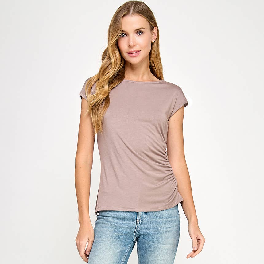 Heimious - Wholesale T-Shirt - Women's - One Side Ruched Cap Sleeve Top, T8434