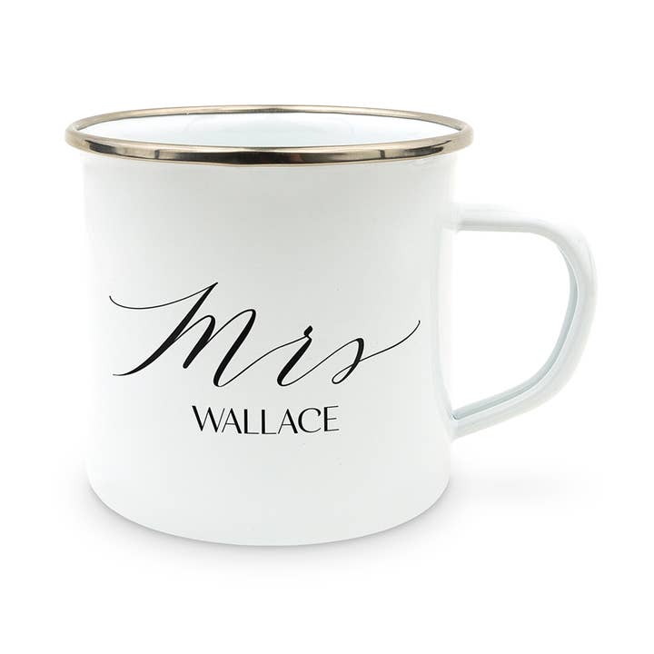 Personalized White Enamel Stainless Steel Coffee Mug - Mrs.. for wholesale by Weddingstar Inc.