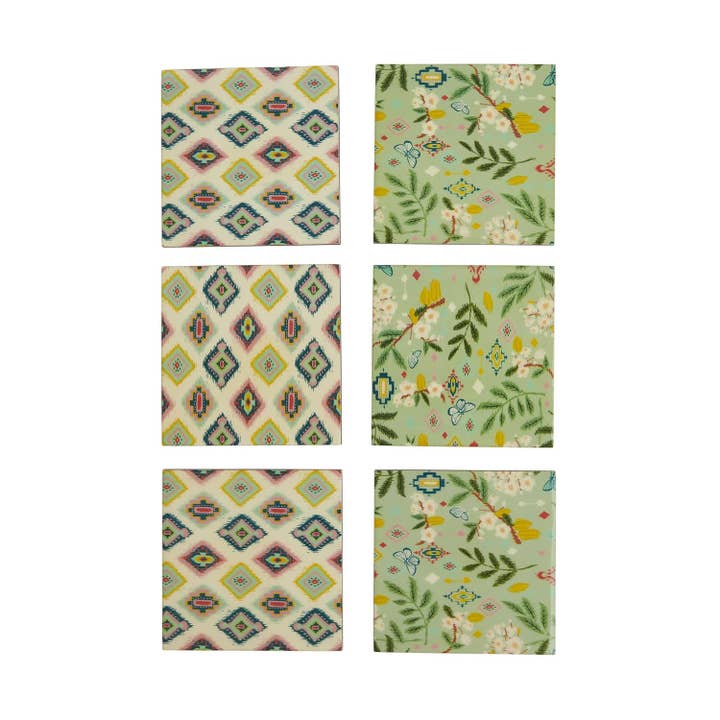 Farm Garden Ikkat houten onderzetters, set van 6 stuks, MDF en email voor wholesale door Chumbak