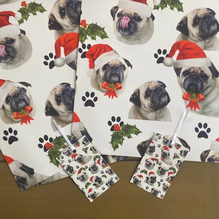 Pug Christmas gift wrap and tag set - xmas pug wrap for wholesale by Alex Sharp