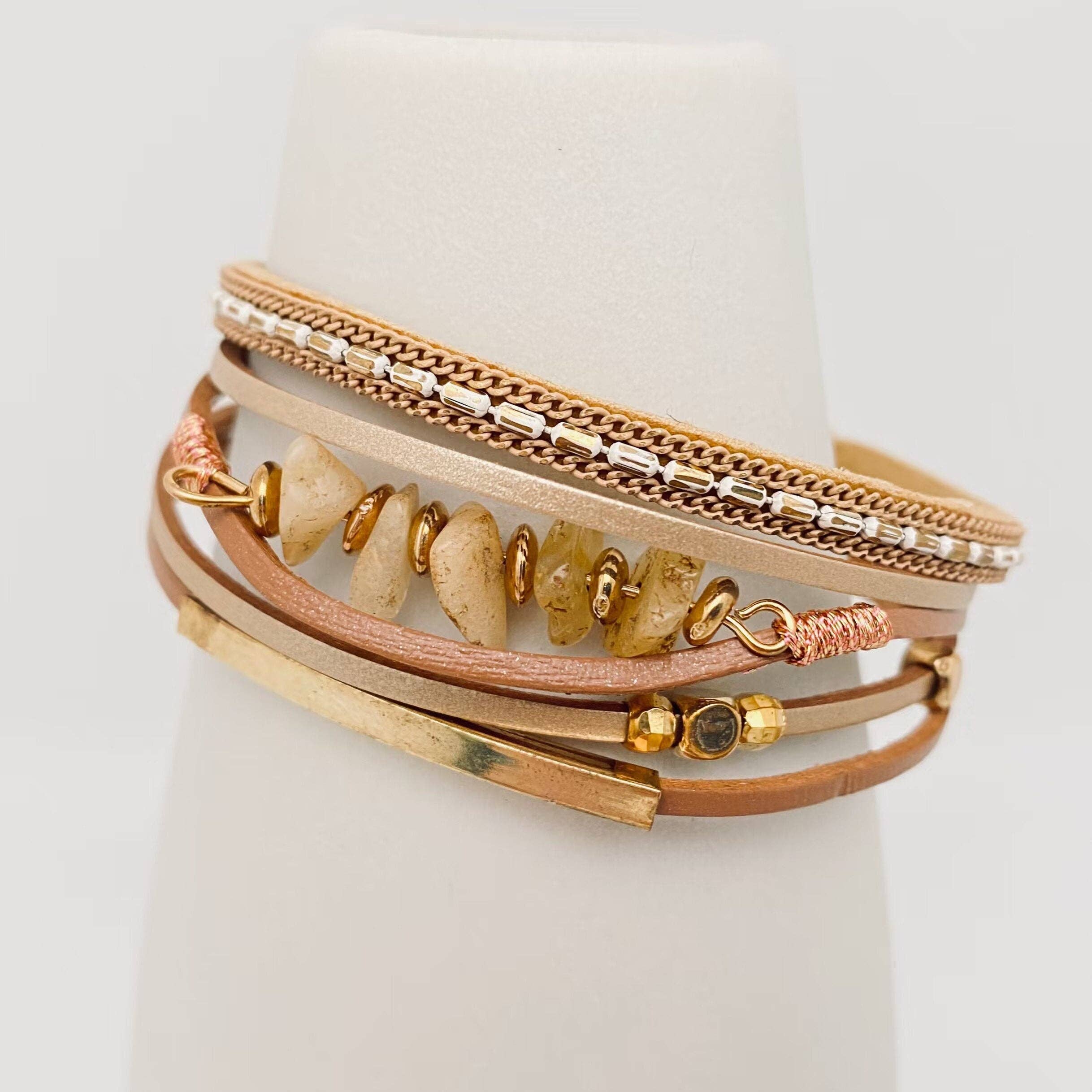 Mio Queena - Vente Bracelet tissé/tressé - Bracelet bohème tressé en cuir synthétique et pierres naturelles - BJ/LB13