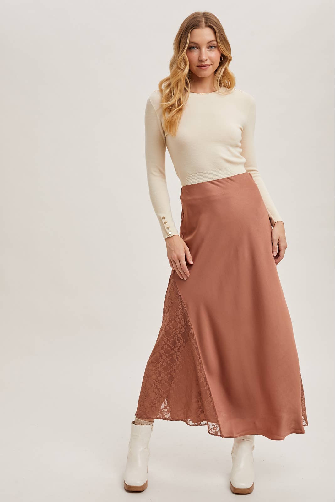 Bluivy - Vente Jupe – femme - Jupe midi en satin taille mi-haute avec bordure en dentelle6