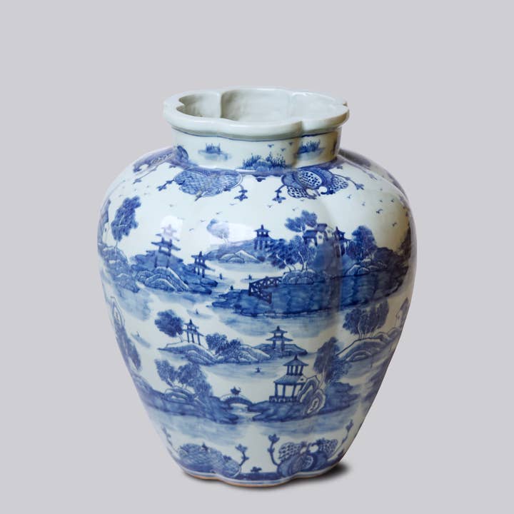Cobalt Guild - Wholesale Vaas - „Willow Ware” blauwe en witte porseleinen kalebas vaas