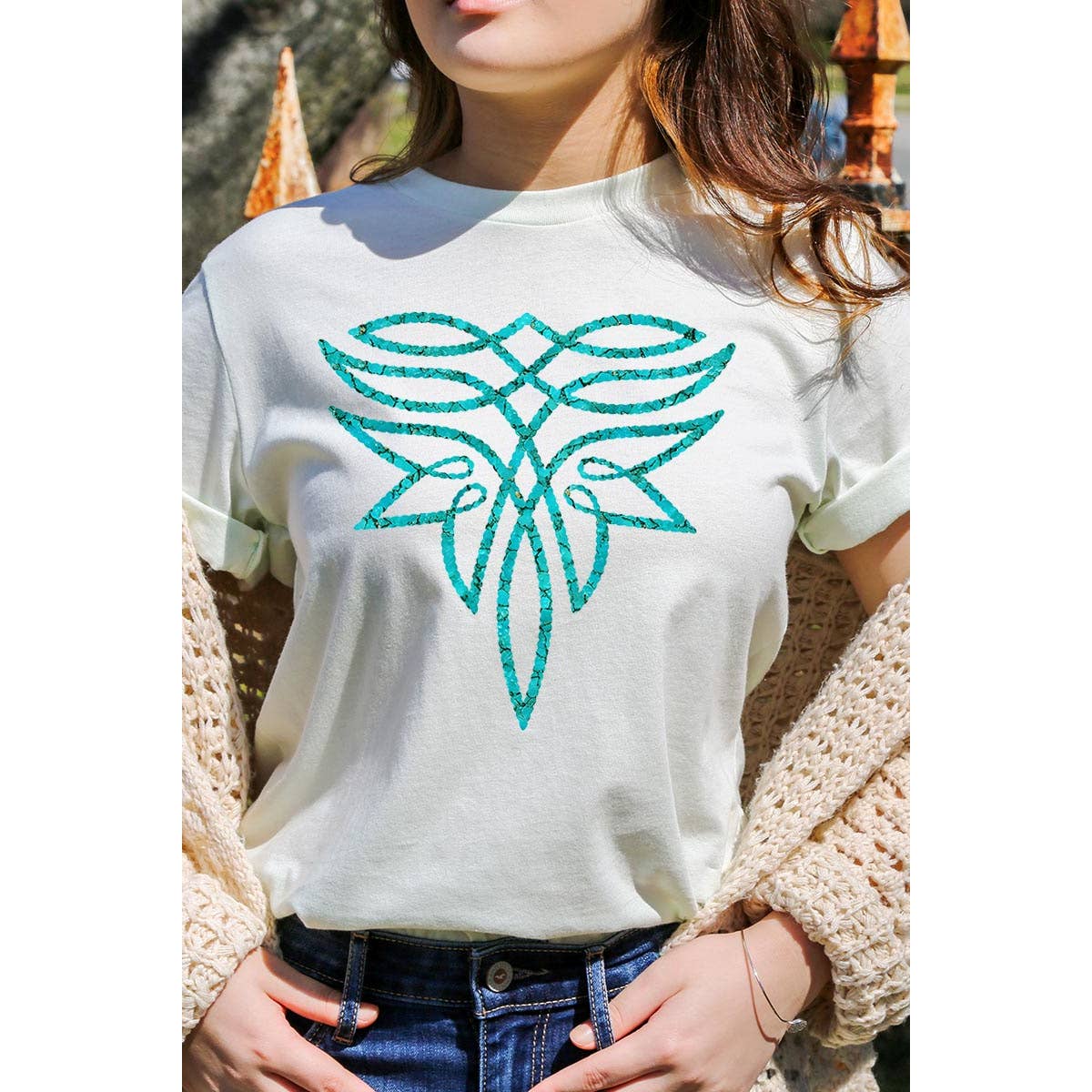 COLORBEAR - Vente T-shirt à imprimés – femme - T-shirts graphiques turquoises au point de botte - Mélange chiné noir8