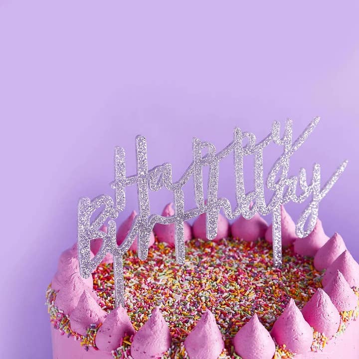 Hootyballoo by Club Green - Wholesale Cake/Cupcake Topper - Silver 'Happy Birthday' Acrylic Cake Topper