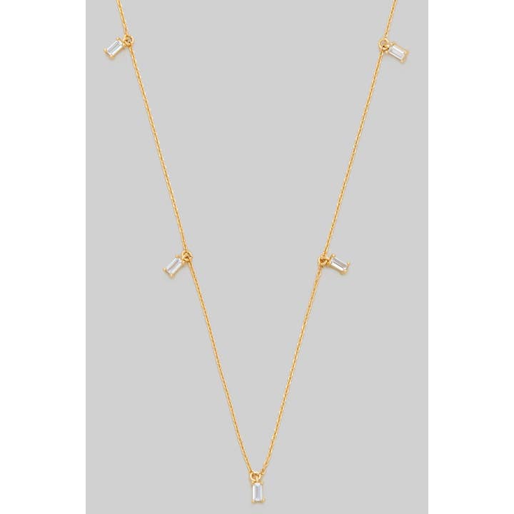 Girly - Wholesale Pendant/Charm Necklace - FIVE TINY CZ BAGUETTE CHARMED BRASS NECKLACE
