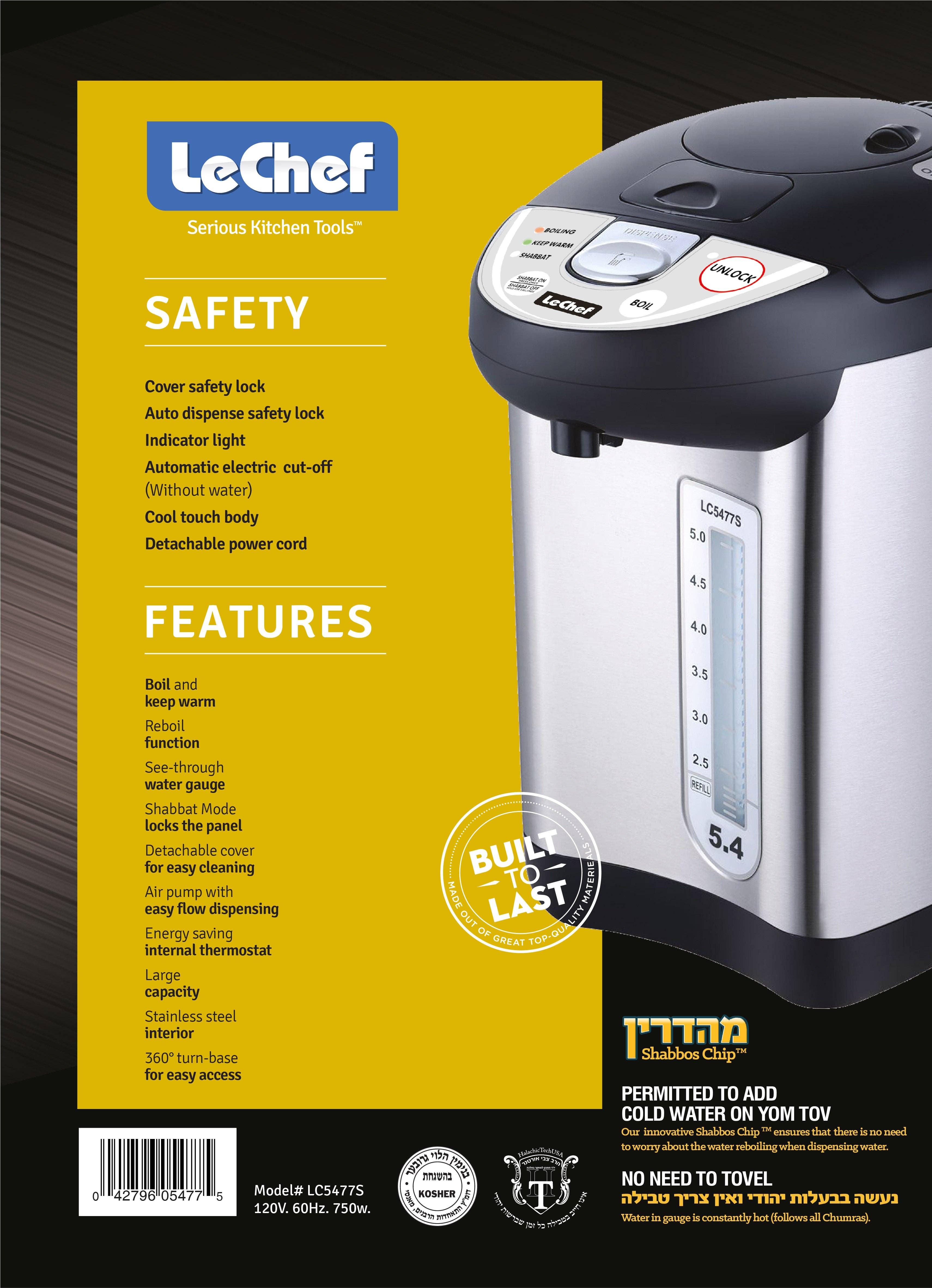 Alpine - Wholesale Kitchen Appliance - LE'CHEF ELECTRIC HOT WATER POT 5.0 QT MODEL# LC5477S WITH SHABBAT MODE3