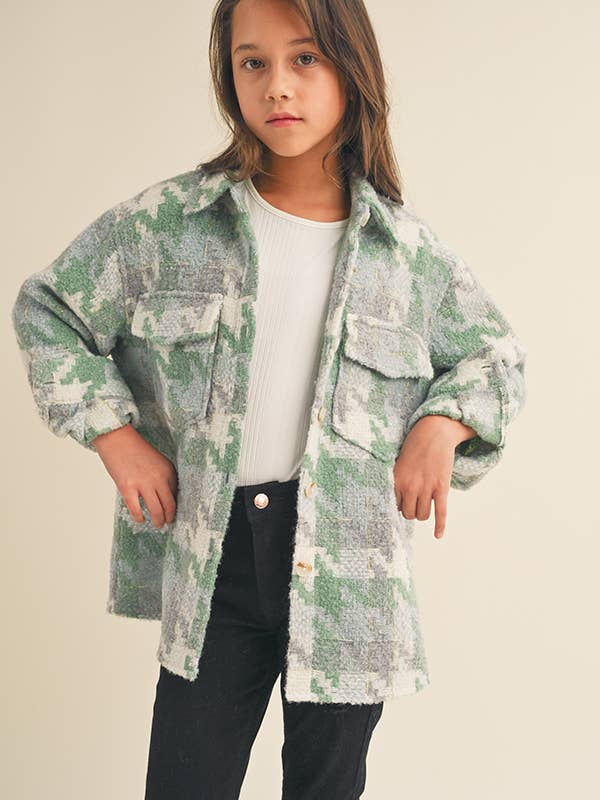 KIDS Boucle Tweed Houndstooth Pattern Shacket KT1877GB(7-14) for wholesale by heart and arrow
