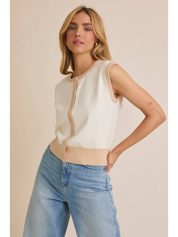 WHITE TAUPE CREW NECK BUTTON UP SLEEVLESS KNIT TOP for wholesale on Faire