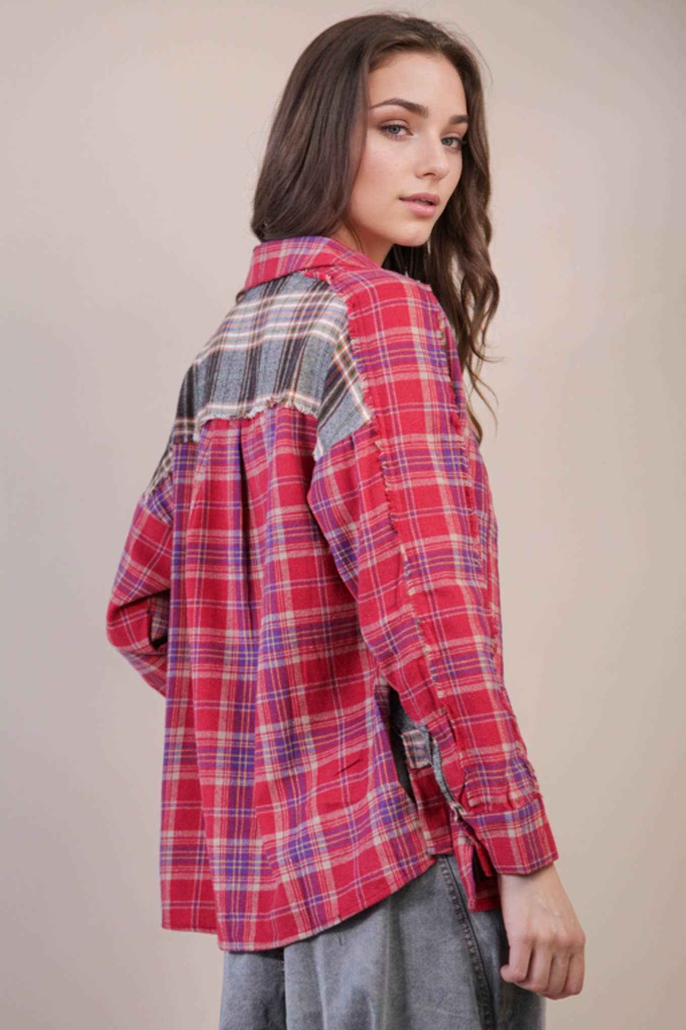 VERY J - Wholesale Button Down Shirt - Women's - NT11681-Contrast Plaid Detail Casual Shirt Top15