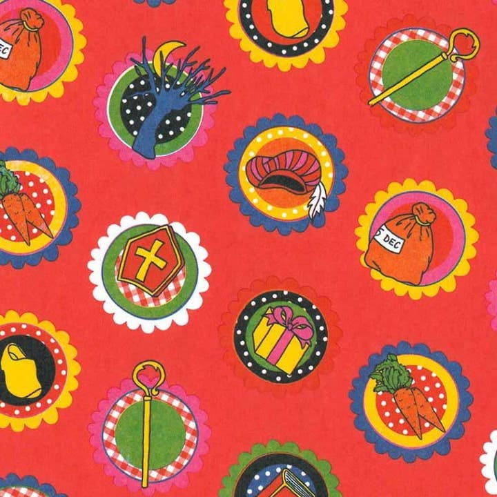 Happy Sinterklaas rødt papir med cirkler - 70 gram for engroshandel hos kadopapier.net