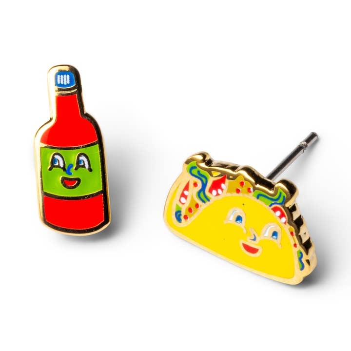 Brincos Taco e Molho Picante - Gold Foodie Statement Studs por atacado de Yellow Owl Workshop