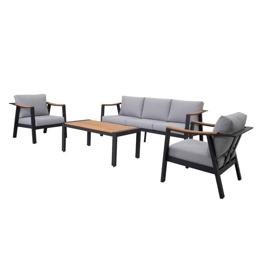 Silver Gray Nova 4-Piece Aluminum & Teak Sofa Set with Stationary Chairs for wholesale on Faire2