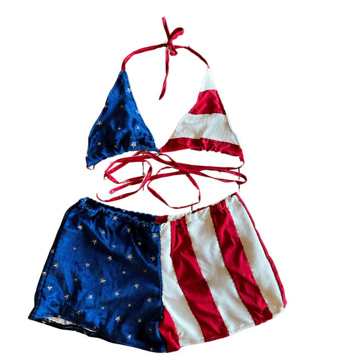 Reworked American Flag Bikini Top + Shorts Set – Upcycled Patriotic Loungewear | One-of-a-Kind | Handmade in Arizona ♻️ Born to Be Bold – Only 1 Available for wholesale by The Modern Alien