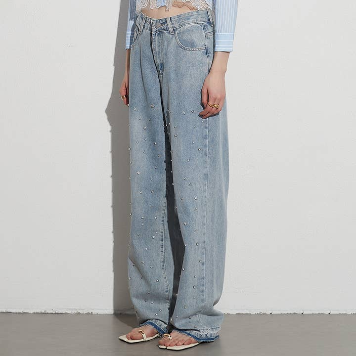 Blue HIGH WAISTED STUDDED PEARL STRAIGHT LEG JEANS_CWJP0197 for wholesale on Faire