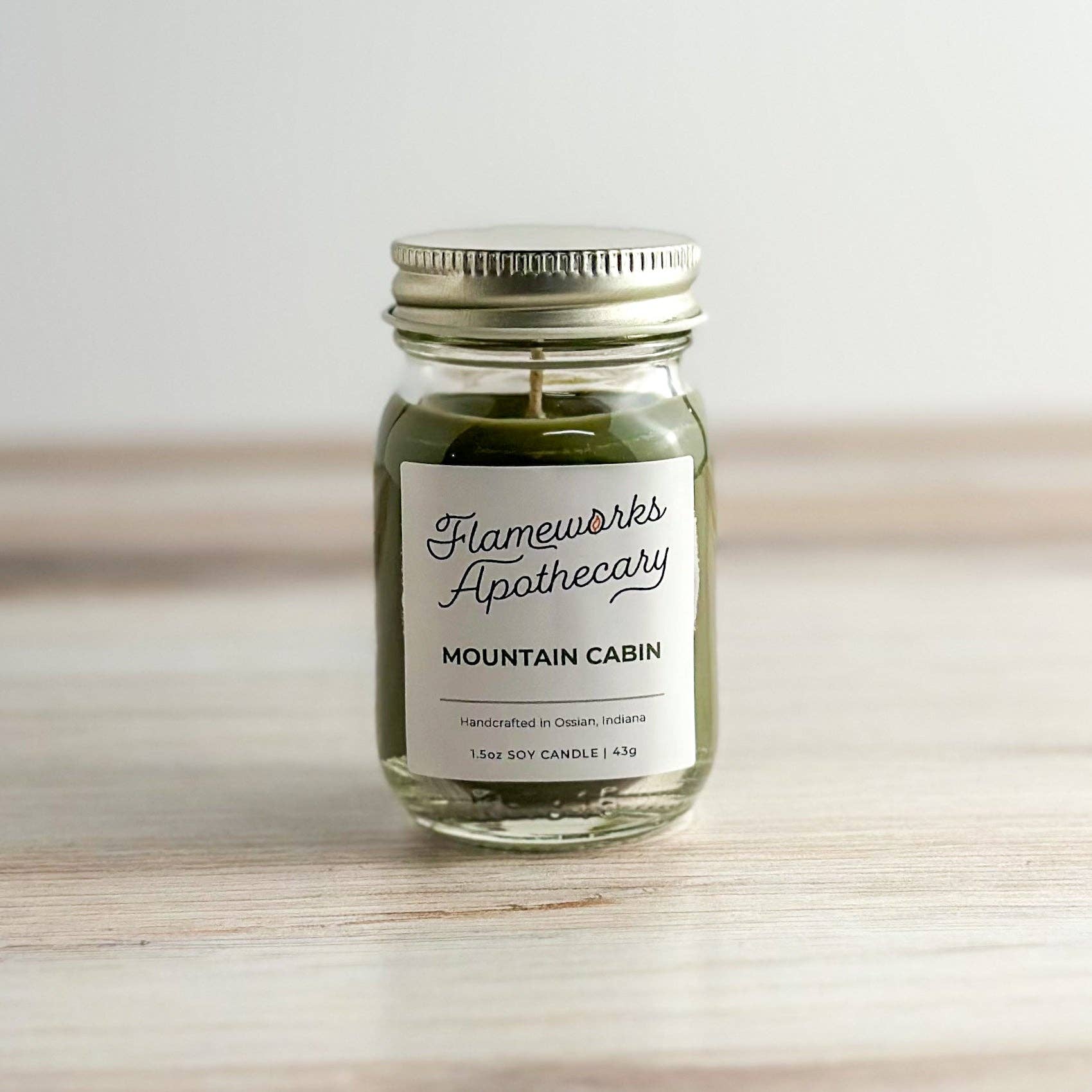 Flameworks Apothecary – wholesale Jar/filled candle – Mountain Cabin 1.5 oz Mini Mason Jar Candle0