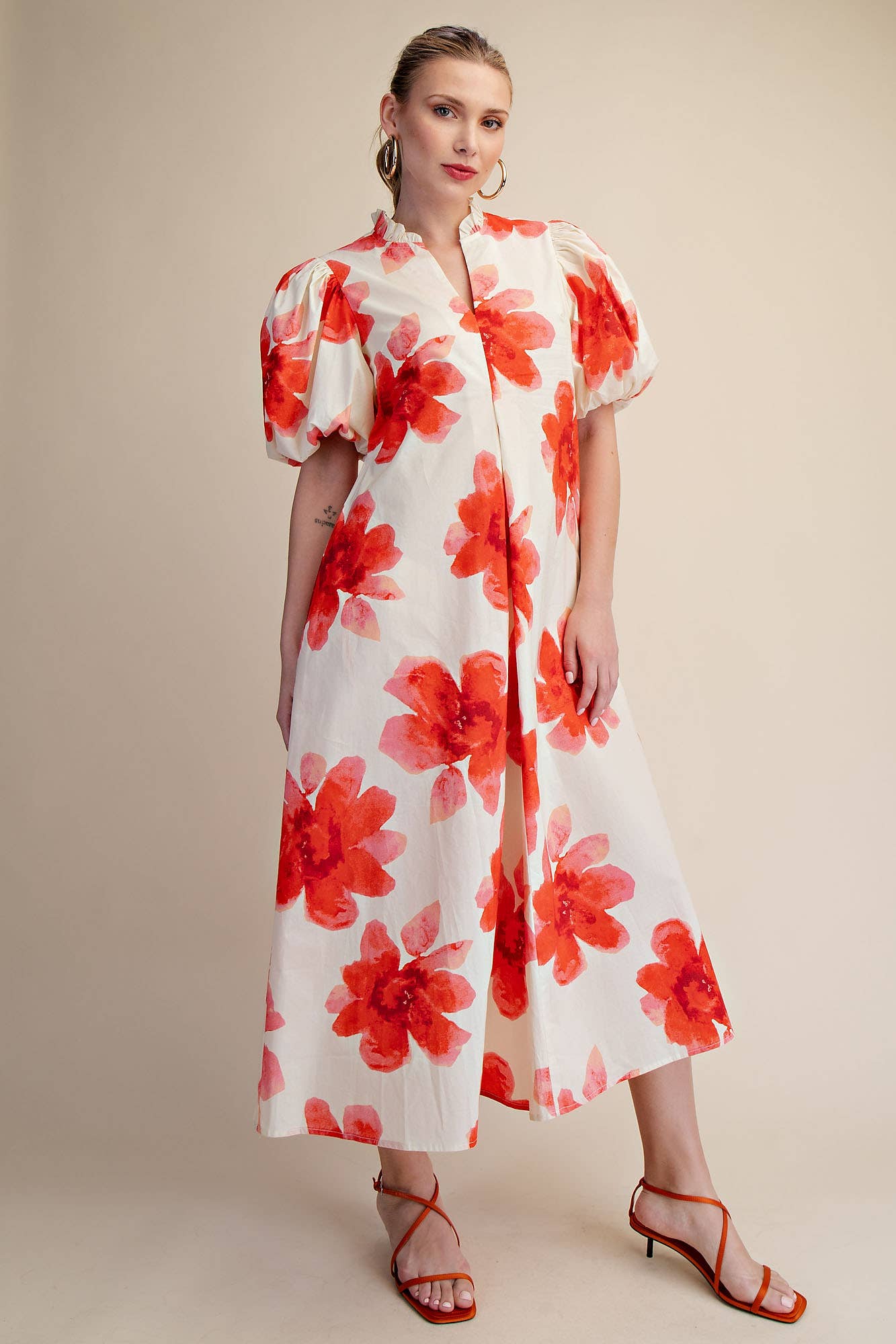 Glam - Wholesale Dress - Women's - Ruffle V-Neck Puff Sleeve Waist Pleated Midi Dress1