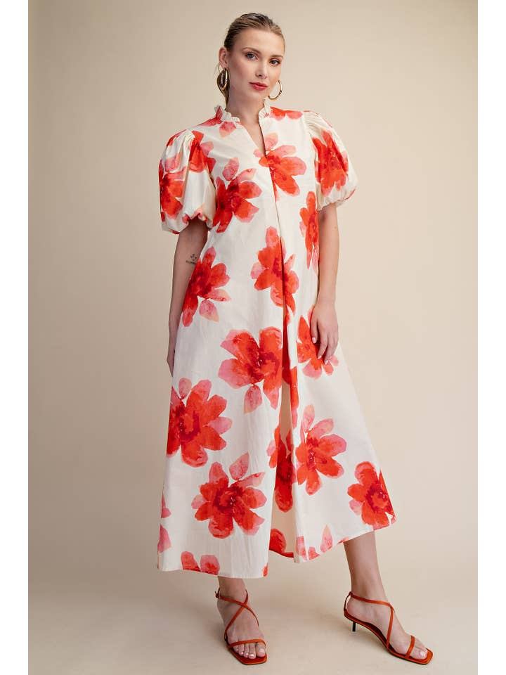 Glam - Wholesale Dress - Women's - Ruffle V-Neck Puff Sleeve Waist Pleated Midi Dress1