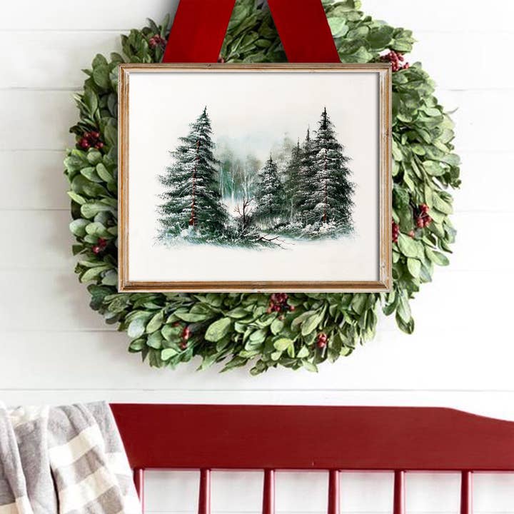 Vintage Christmas Snowy Fir Trees Painting Art Print for wholesale by Paper House Print Shop