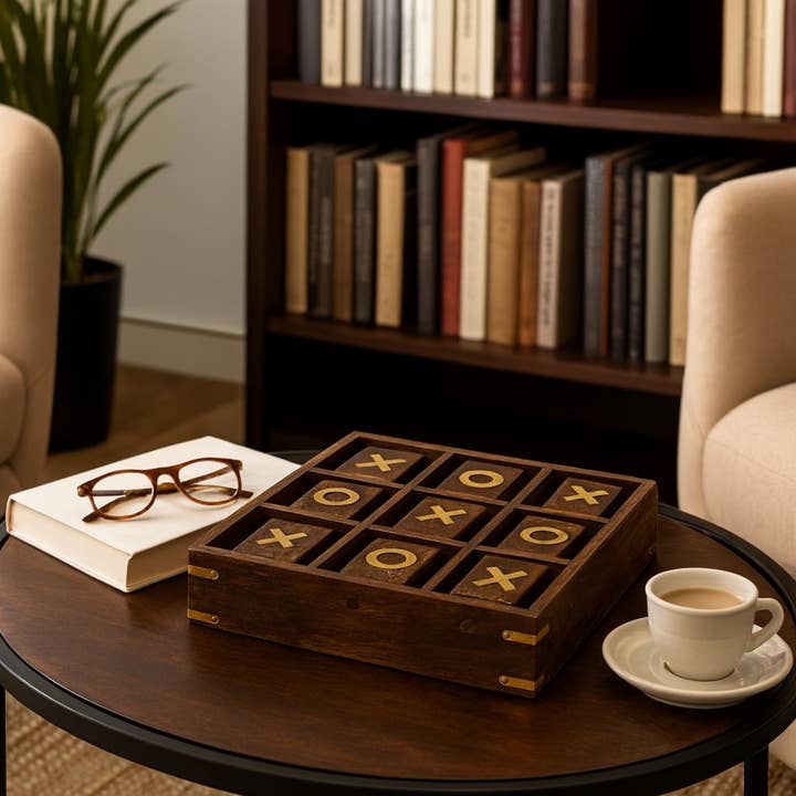 Sagebrook Home - Wholesale Board Game - Board Game - Brown Wood/Metal Revolving Tic Tac Toe, 10 in.2