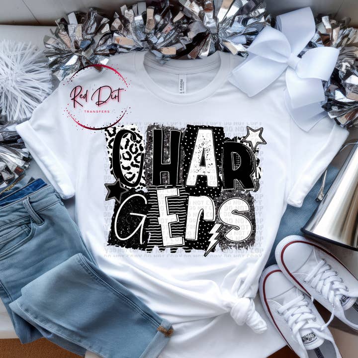 Chargers BW Collage Mascot T-Shirt | Trendy School Spirit Shirt | Fast Shipping | Super Soft Shirts for Men/Women/Kid's for wholesale by Red Dirt Transfers