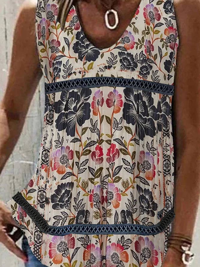 UNISHE - Wholesale Tank Top - Women's - Printed V Neck Lace Splicing Tank Top ZZKF8909