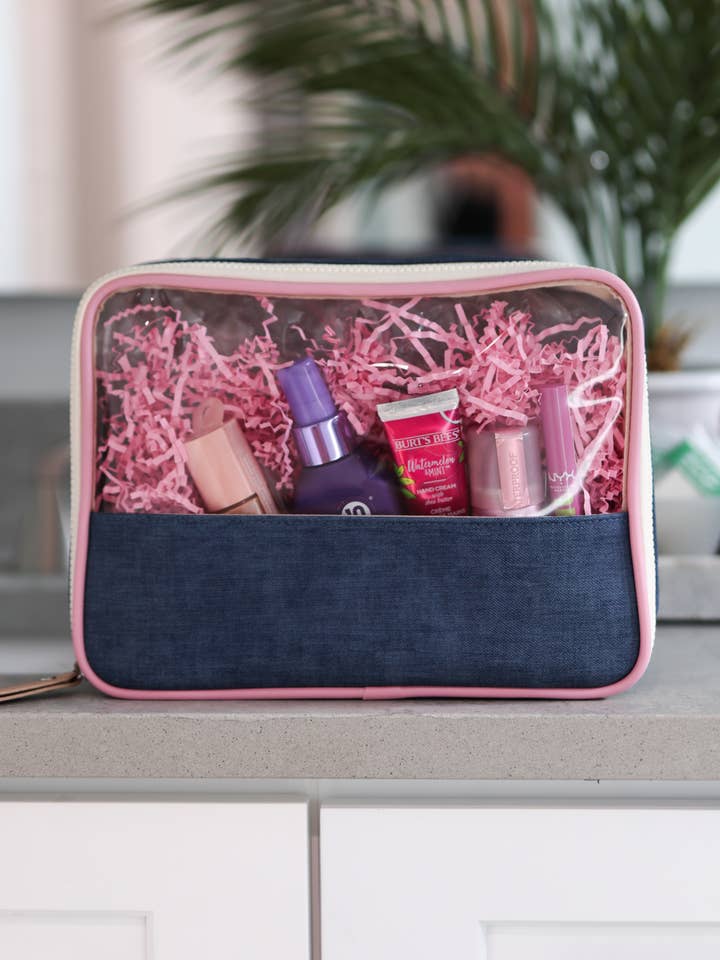 Oversized Cosmetic Bag - Denim Print (Denim/Pink/Cream) for wholesale by Jadelynn Brooke