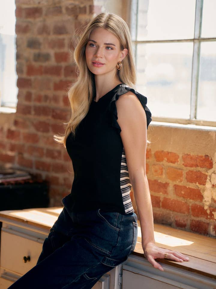 STRIPED CONTRAST COLOR BLOCK RUFFLE TANK - 45368T for wholesale by Doe and Rae