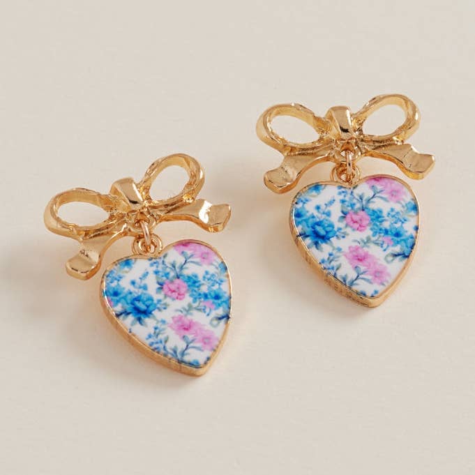 Heart Pattern Enamel Charm Metal Bow Post Earrings for wholesale by Verita Lane