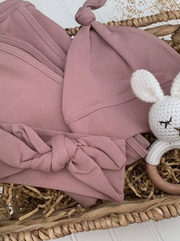 Baby girl swaddle/bow set in dusty rose, baby girl wrap for wholesale by Beloved Baby