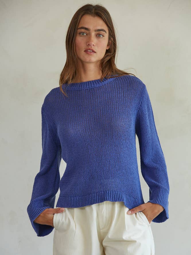 Midnight Blue W1464 | Knit Cotton Crew Neck Long Sleeve Sweater Top for wholesale on Faire
