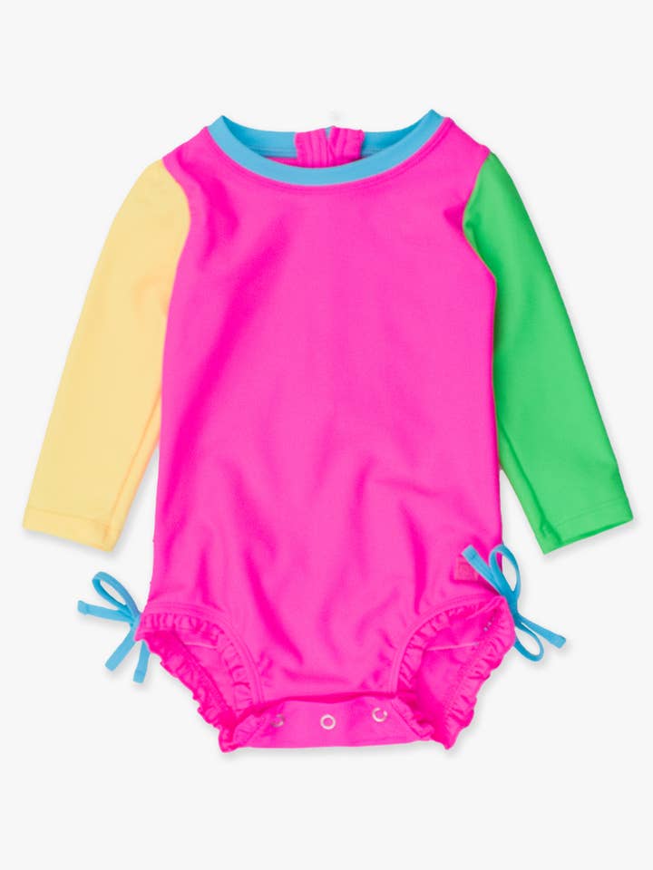 Pink Baby Girls Neon Color Block Long Sleeve One Piece Rash Guard Swimsuit with Signature Rear Ruffles
for wholesale on Faire1