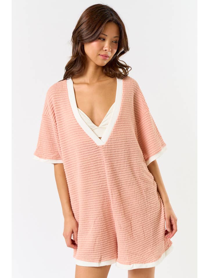 ROSE BR24220 CROCHET OPEN KNIT CONTRAST DEEP V-NECK ROMPER for wholesale on Faire