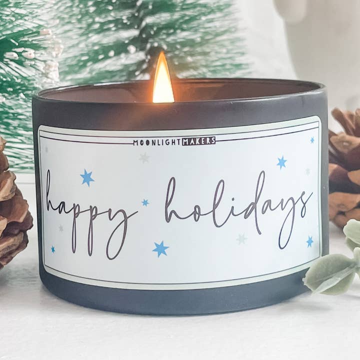 Happy Holidays - Natural 8oz, 100% Soy Wax Scented Candles for wholesale by Moonlight Makers