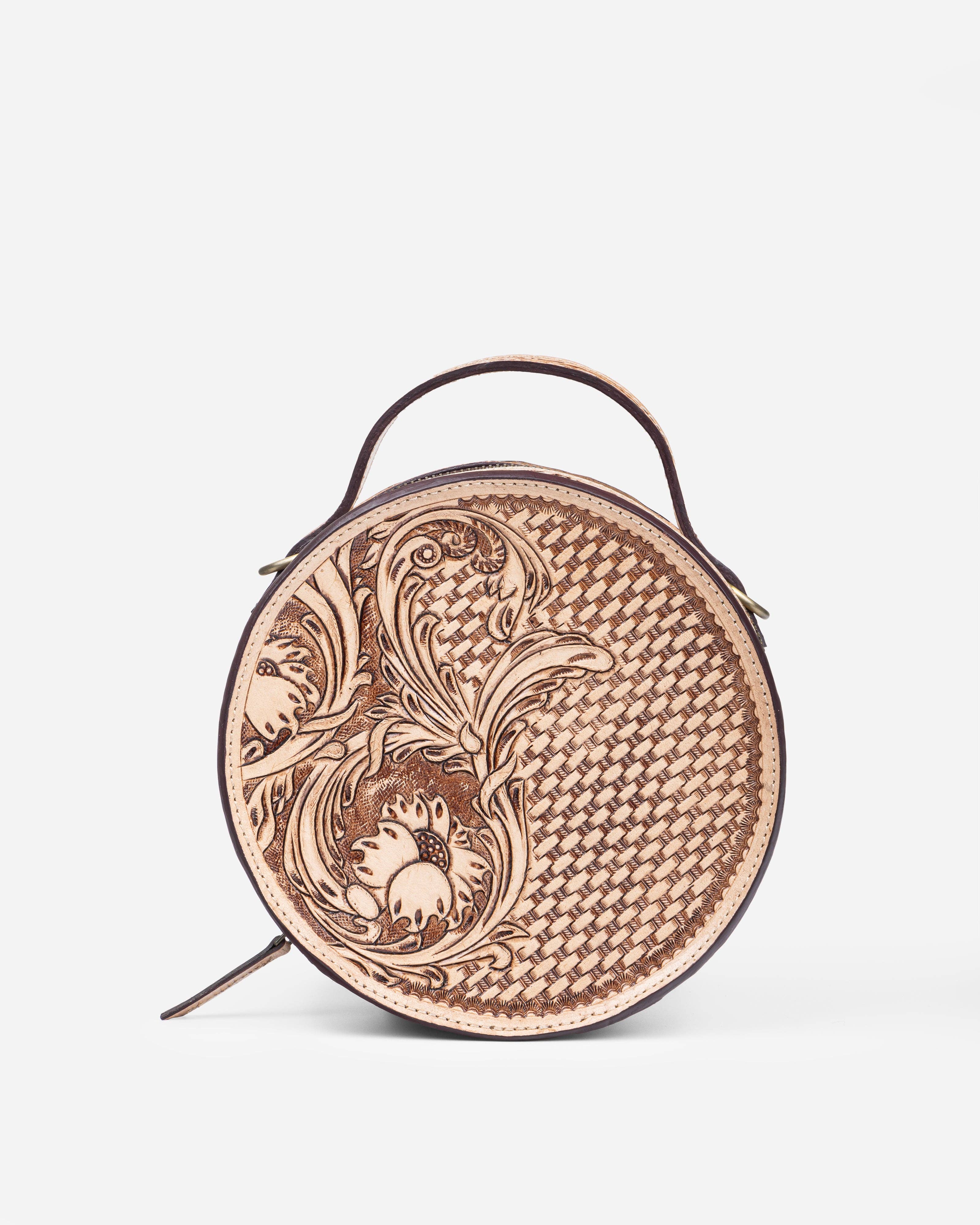 House of Kraft Jewelry & Accessories - Wholesale Top Handle Bag - Women's - Woven Petals Design | Brown Leather Bag | Round Bag9