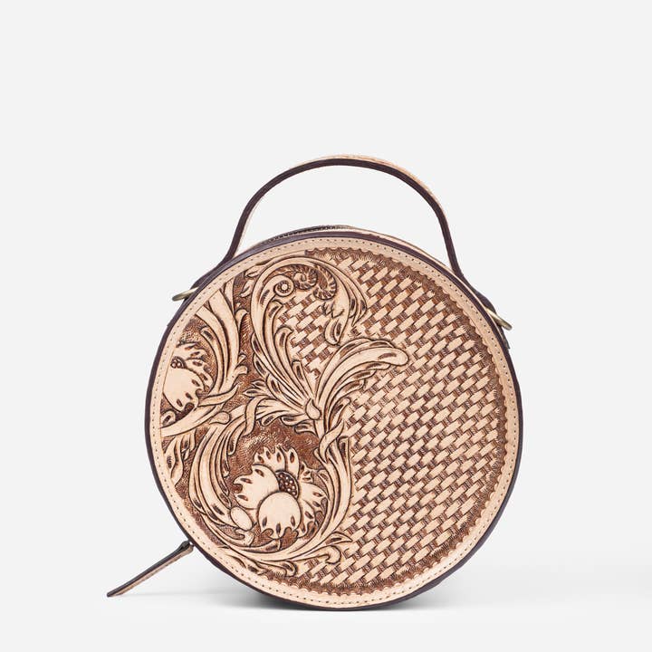 House of Kraft Jewelry & Accessories - Wholesale Top Handle Bag - Women's - Woven Petals Design | Brown Leather Bag | Round Bag9